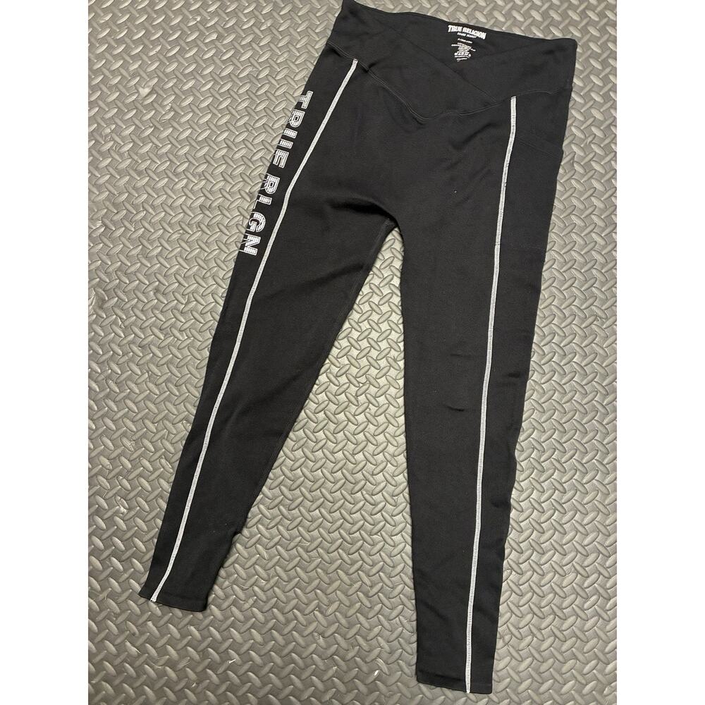 True Religion Womens Black Ribbed Metallic Logo Leggings Size M-L